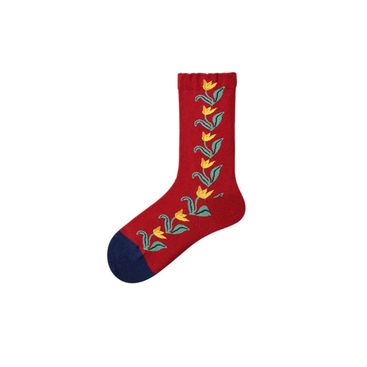 Rovoson Women's Cotton Blend Crew Socks - Red Botanical Floral Print, Size 5-10