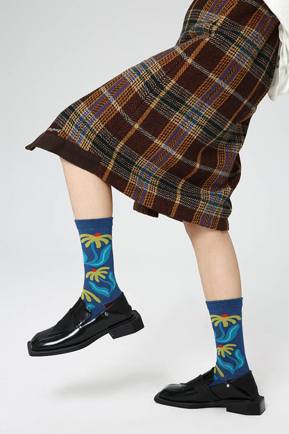 Rovoson Women's Cotton Blend Crew Socks - Blue Botanical Floral Print, Size 5-10