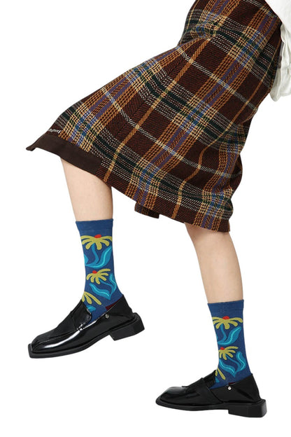 Rovoson Women's Cotton Blend Crew Socks - Blue Botanical Floral Print, Size 5-10