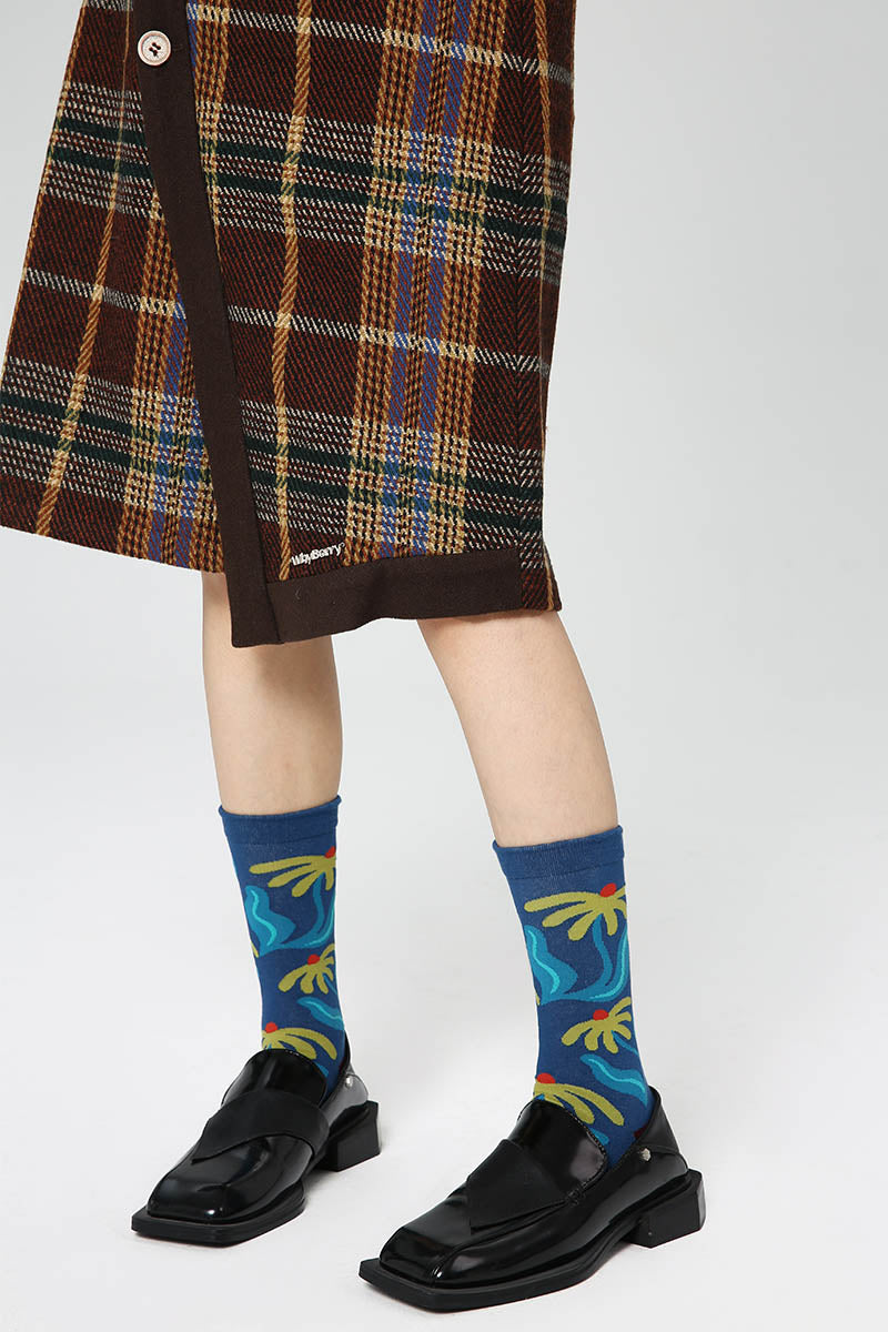 Rovoson Women's Cotton Blend Crew Socks - Blue Botanical Floral Print, Size 5-10