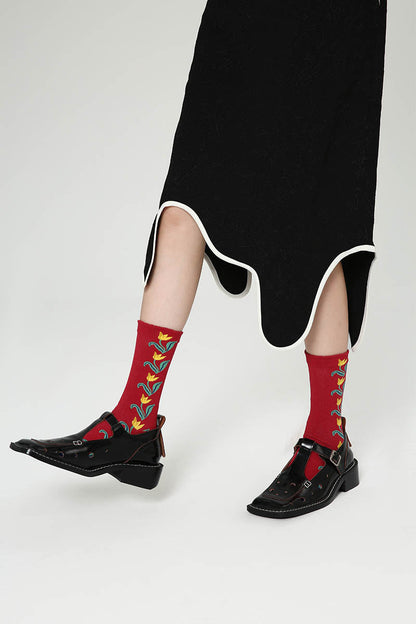 Rovoson Women's Cotton Blend Crew Socks - Red Botanical Floral Print, Size 5-10