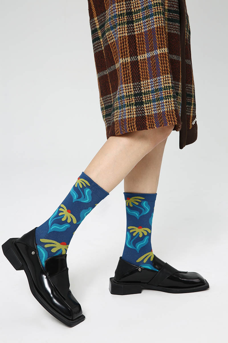 Rovoson Women's Cotton Blend Crew Socks - Blue Botanical Floral Print, Size 5-10