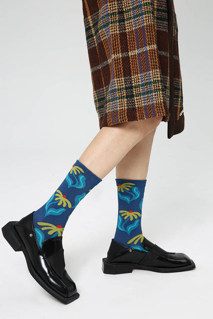 Rovoson Women's Cotton Blend Crew Socks - Blue Botanical Floral Print, Size 5-10