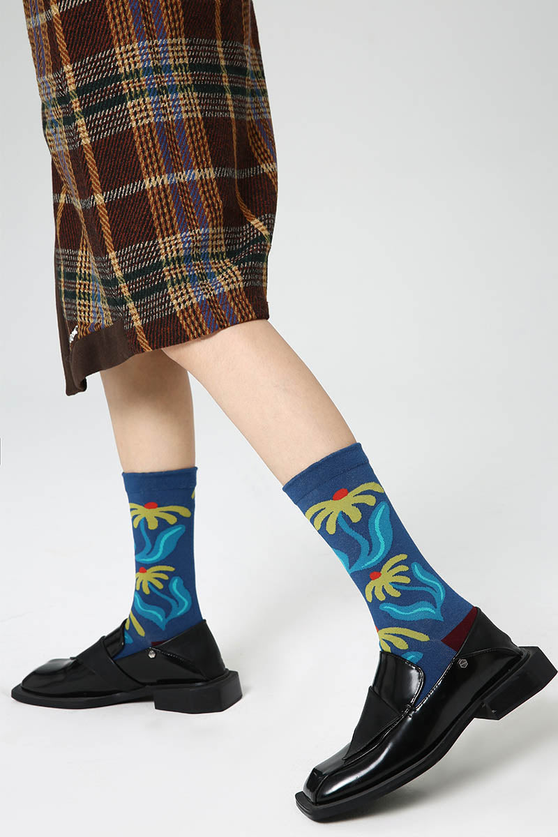 Rovoson Women's Cotton Blend Crew Socks - Blue Botanical Floral Print, Size 5-10