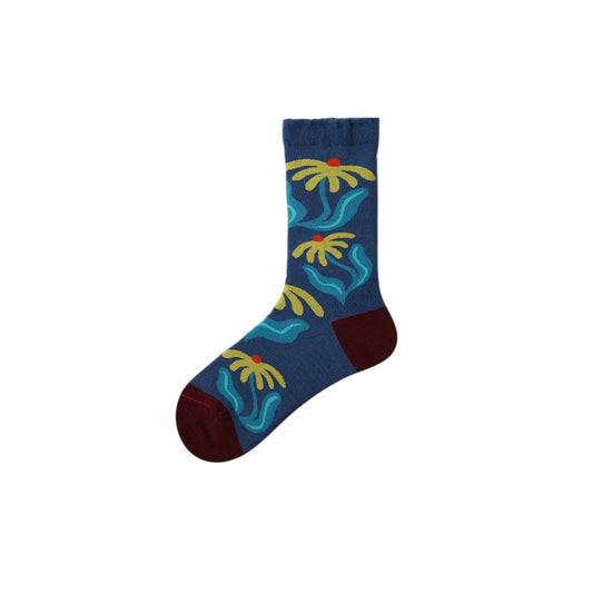 Rovoson Women's Cotton Blend Crew Socks - Blue Botanical Floral Print, Size 5-10